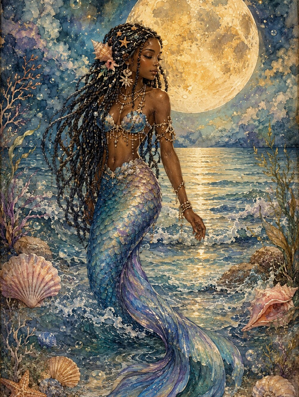 Beautiful Black Mermaid Print